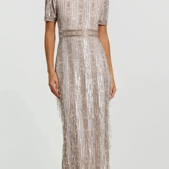 Pink High Neck Short Sleeve Crystal Fringe Sheath Dress - Picture 1 of 8